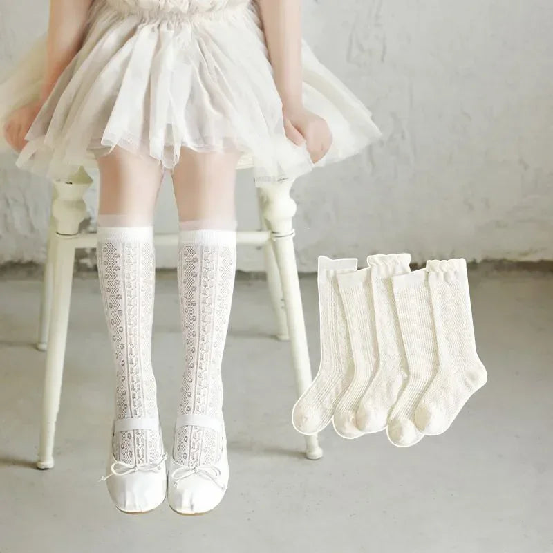 3Pairs Princess White Lace Ruffle Stockings Girl Summer Mesh Sock Thin Breathable Kids Long Socks 3-12Year Children Calf Socks