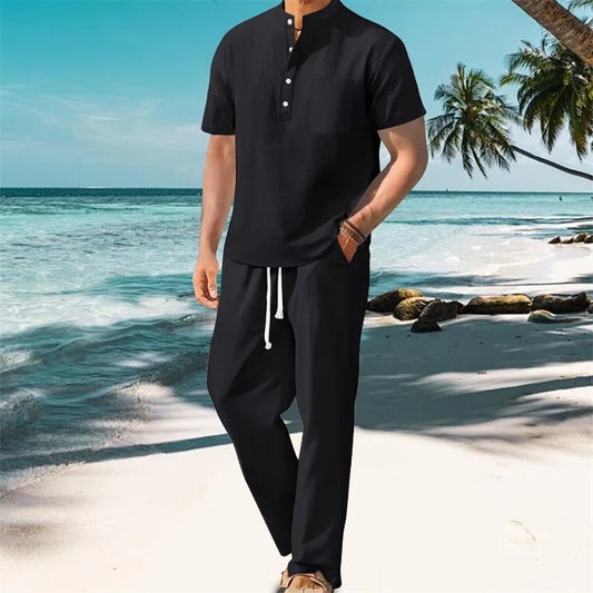 Men's Casual 2 Piece Outfit Short Sleeve Henley Tops with Drawstring Pants Loose Solid Color Set for a Stylish Look