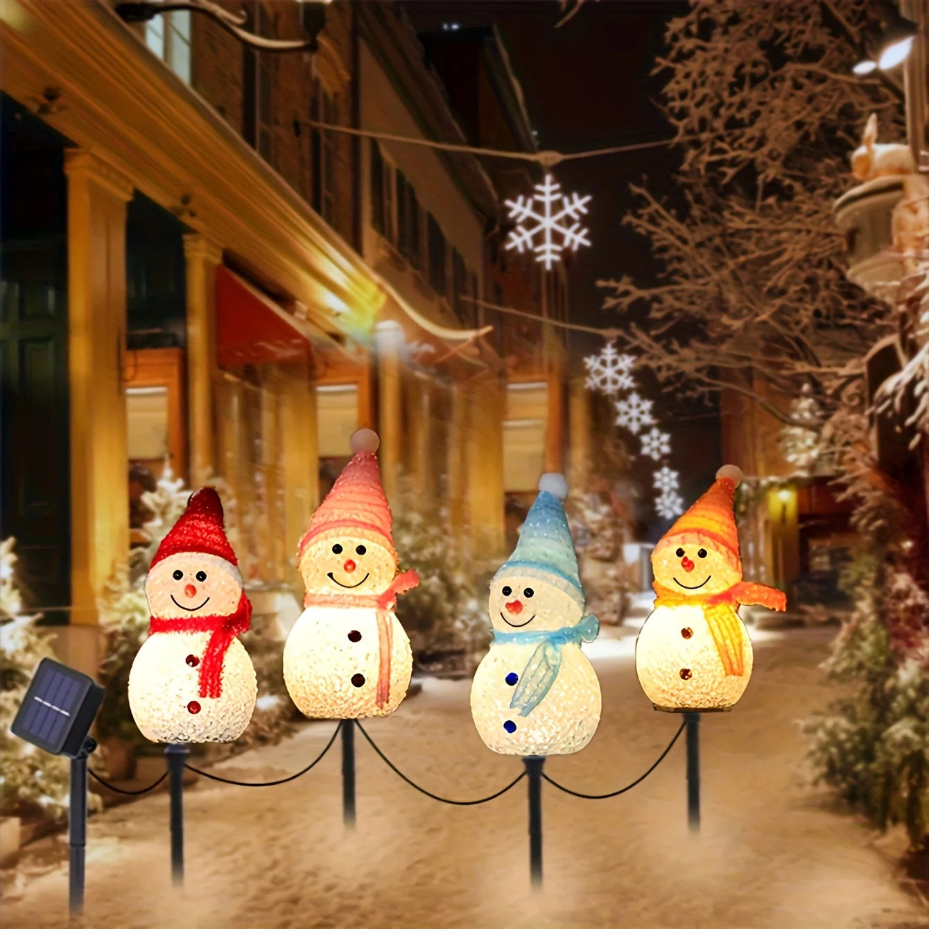 Solar-Powered Snowman Lights 4-Piece Set (1 Solar Panel) - Christmas Outdoor Garden LED Flashing String Lights, Fit for Lawn