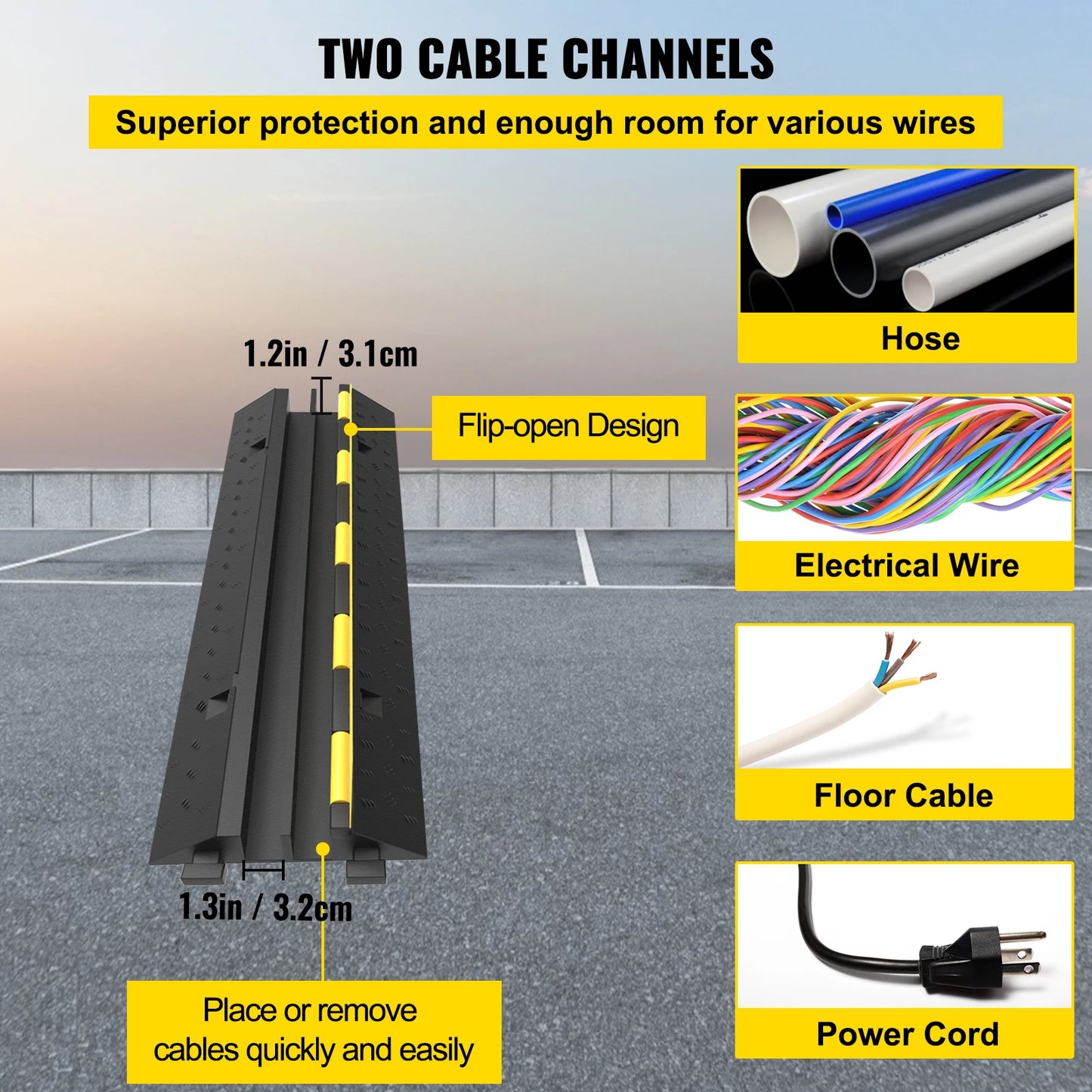 Cable Protector Ramp Wire Cable Cover Cord Guard 2 Channels Rubber + PVC 11000 LBS Speed Bump Parking Driveway Traffic