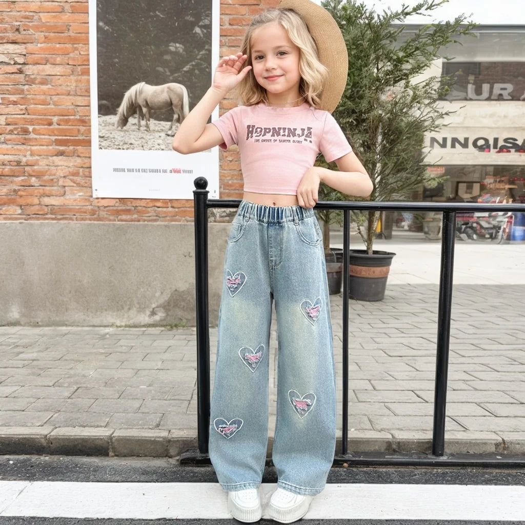 Girls pink love cut hole ripped jeans fashionable and versatile  wide-leg straight-leg pants 5-15 years old