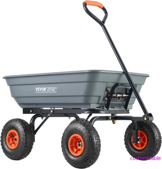 4 Cu.Ft. 600 lbs Poly Garden Cart Dump Wagon, Heavy Duty Yard Dump Cart Wagon, 4 Wheel Wheelbarrow with 10 in All Terrain Wheels