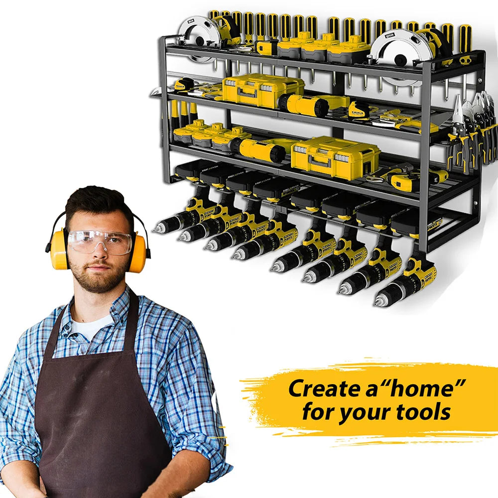 Power Tool Storage Rack 4 Layers Organizer-8 Tool Floating Shelf Wall Mount Heavy Duty Iron Drill Holder for Basement Workbench