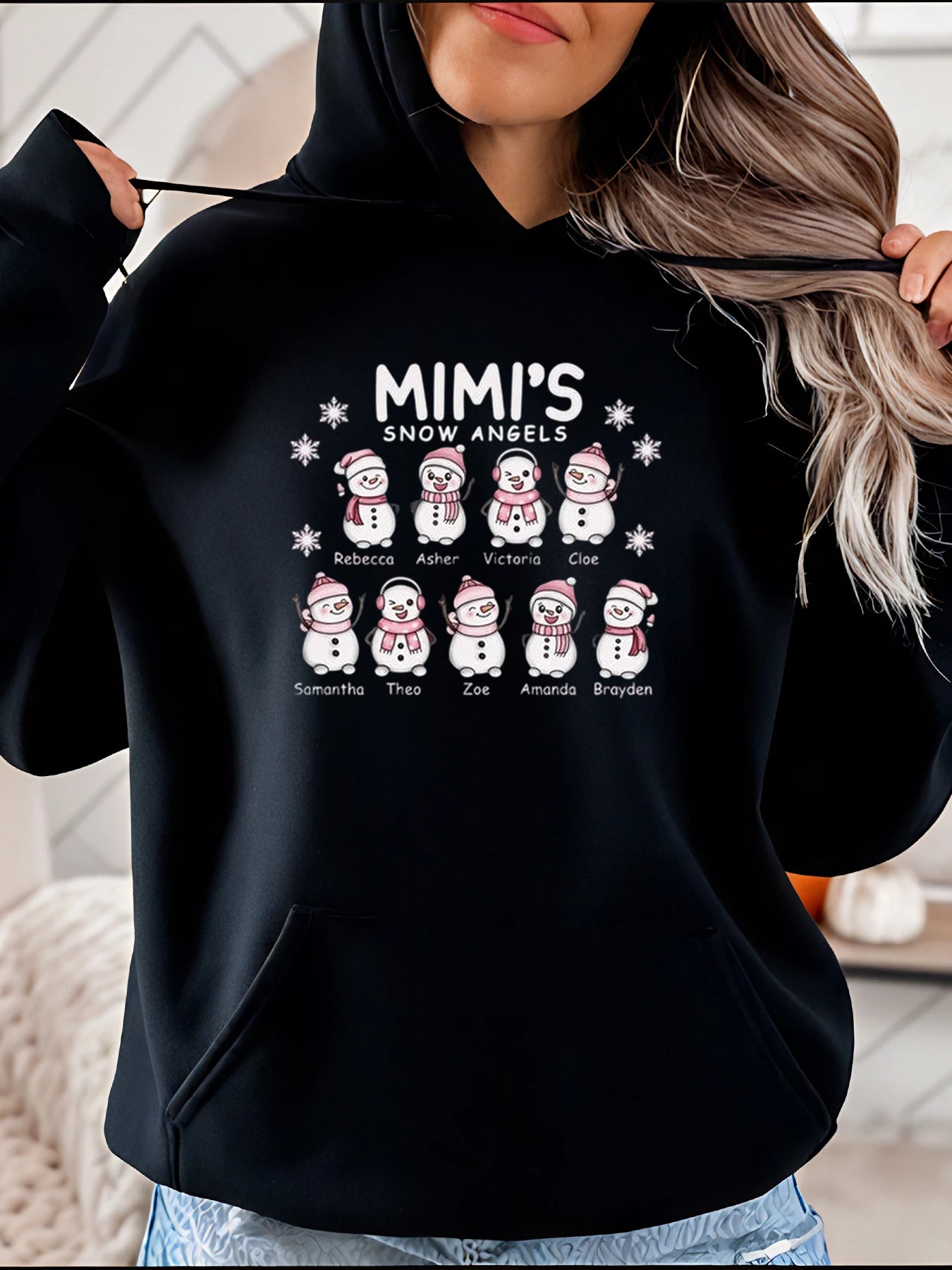Personalized Snowman Family Hoodie Mimi's Snow Angels Custom Names Christmas Gift for Women and Girls 280