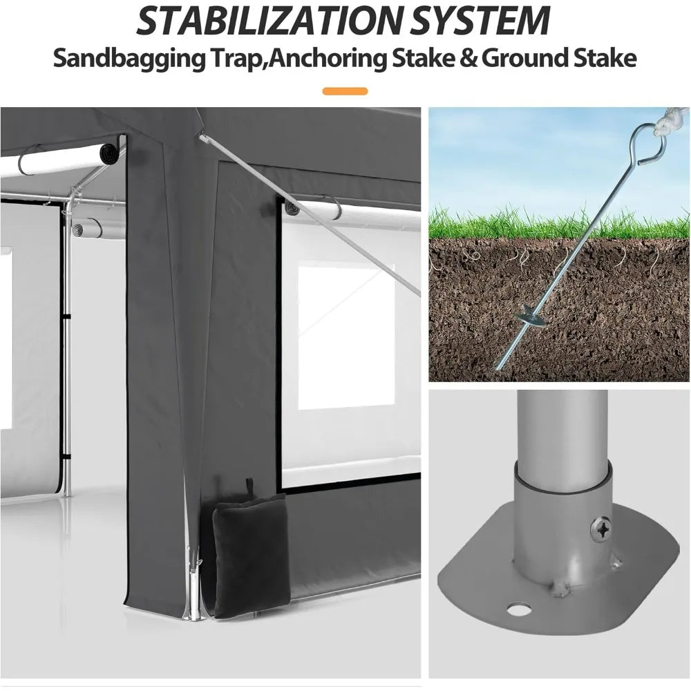 Upgraded 10 x 20 Ft Heavy Duty Carport, Portable Garage Shelter with with Roll-up Sidewall and Ventilated Windows, Sand Bags for hold down weight.