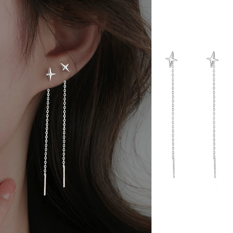 S925 Silver Needle Star Line Earring for Women Tassel Drop Earring Long Chain Beads Piercing Earring Asymmetry Ear Jewelry