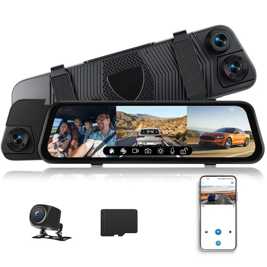 Mirror Dash Cam 9.66 Inch 3 Channel Front Rear Inside View Mirror Camera Triple Mirror Dash Cam Night Vision, G Sensor, Parking Asst