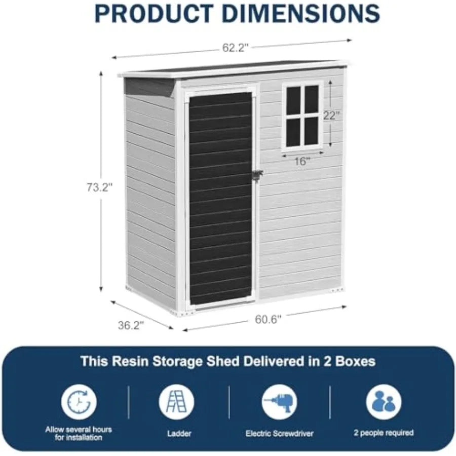 5x3 FT Resin Outdoor Storage Shed with Floor Lockable Door Window Vents Gray Waterproof Plastic Tool Shed for Backyard Patio Po