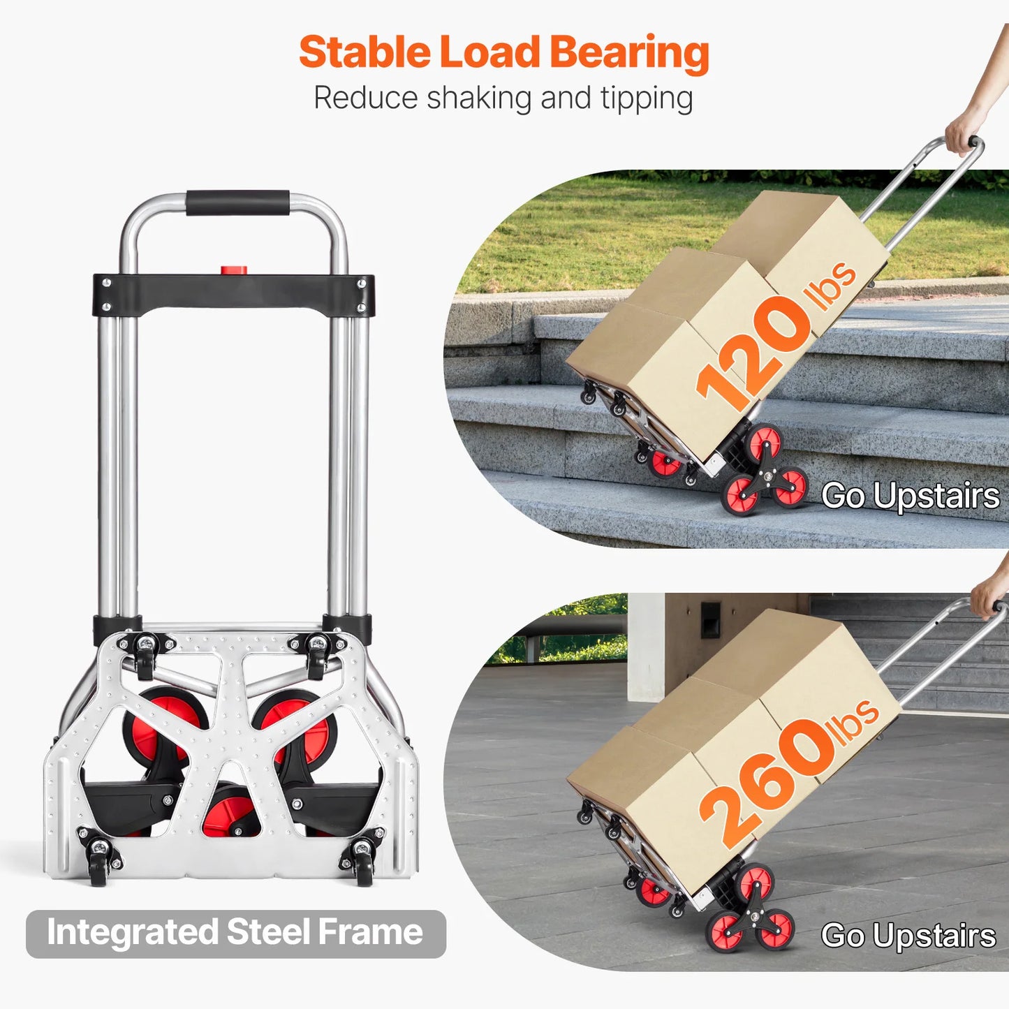 260 lbs Folding Hand Truck with Telescoping Handle & 2 Elastic Ropes Stair Climbing Cart Dolly for Warehouse Moving