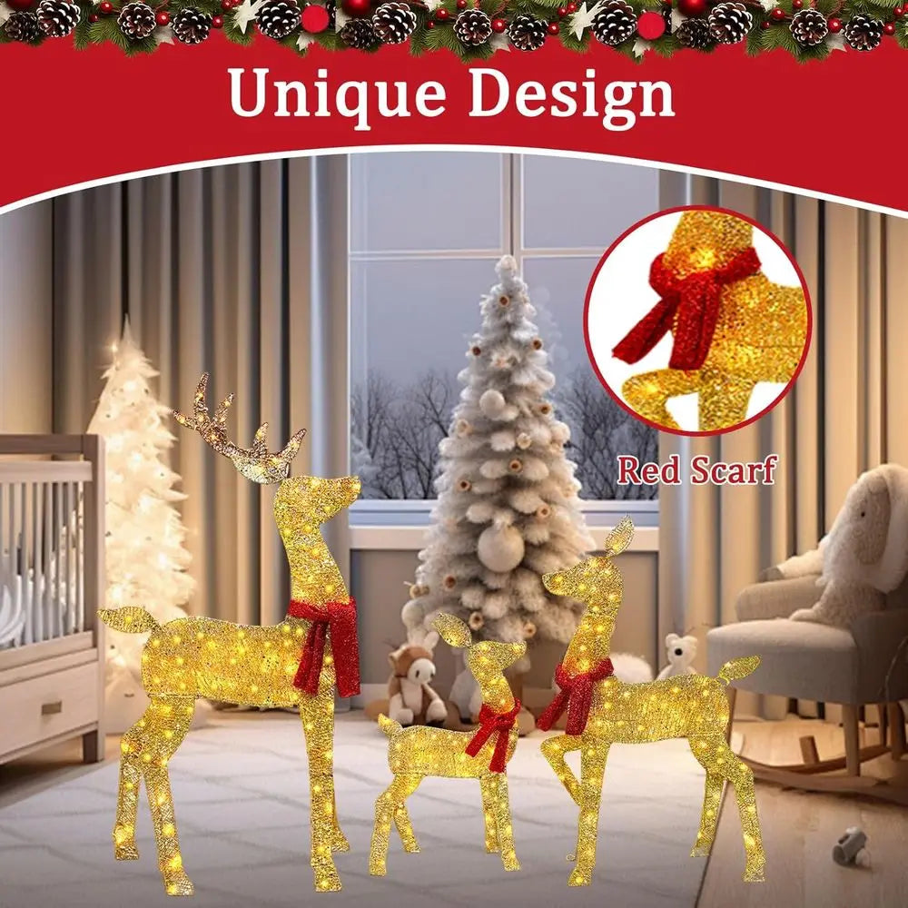 48 2.5 D Gold LED Lighted Christmas Deer Set, 3-Piece Outdoor Reindeer Decorations with 145 Lights for Lawn and Garden