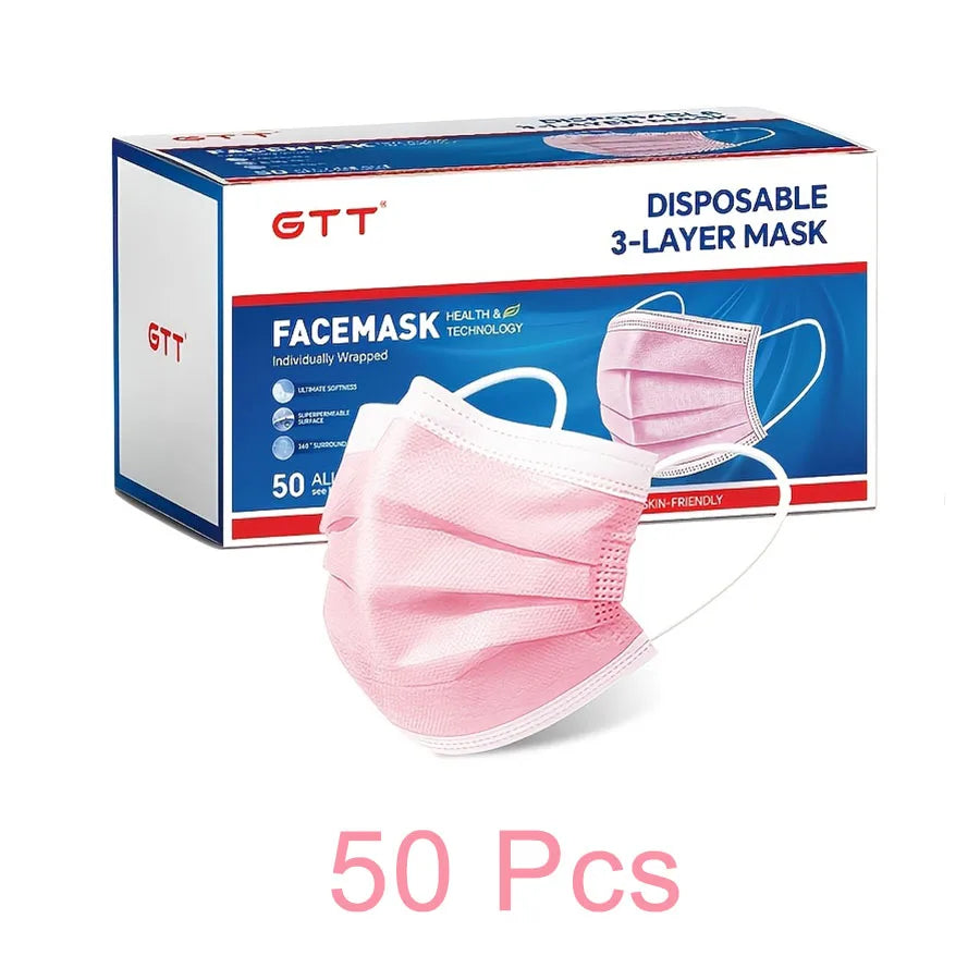 GTT 50/100Pcs Disposable Face Mask individually packaged 3 Ply breathable Earloop Protective Mask for Home School Office Outdoor