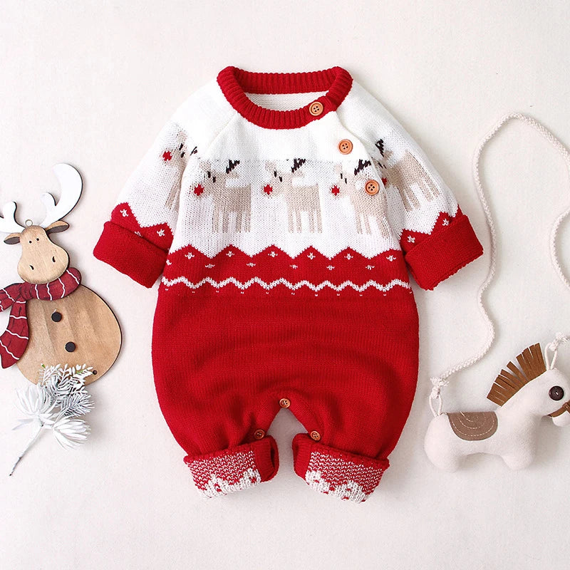 Baby Romper Clothes Winter Red Cartoon Milu Deer Knitted Newborn Infant Boy Girl Long Sleeve Jumpsuits Infant Christmas Outfits