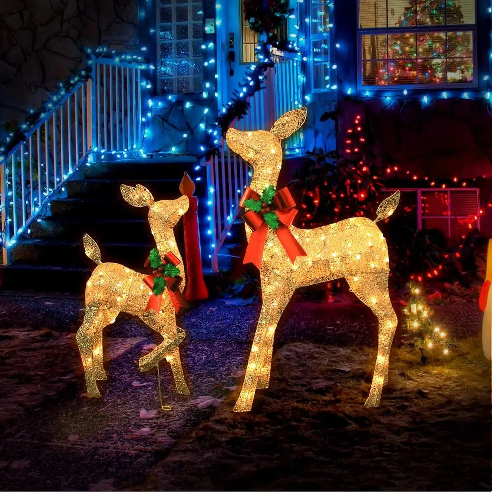 Champagne Gold Lighted Outdoor Christmas Deer Duo Set with Bow for Yard and Tree Holiday Decor