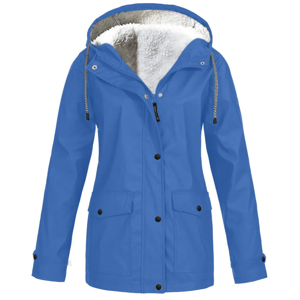 Women's Autumn Winter Plus Velvet Jacket Windproof Waterproof Hooded Coat Outdoor Sports Cloths For Climbing Cycling Fishing