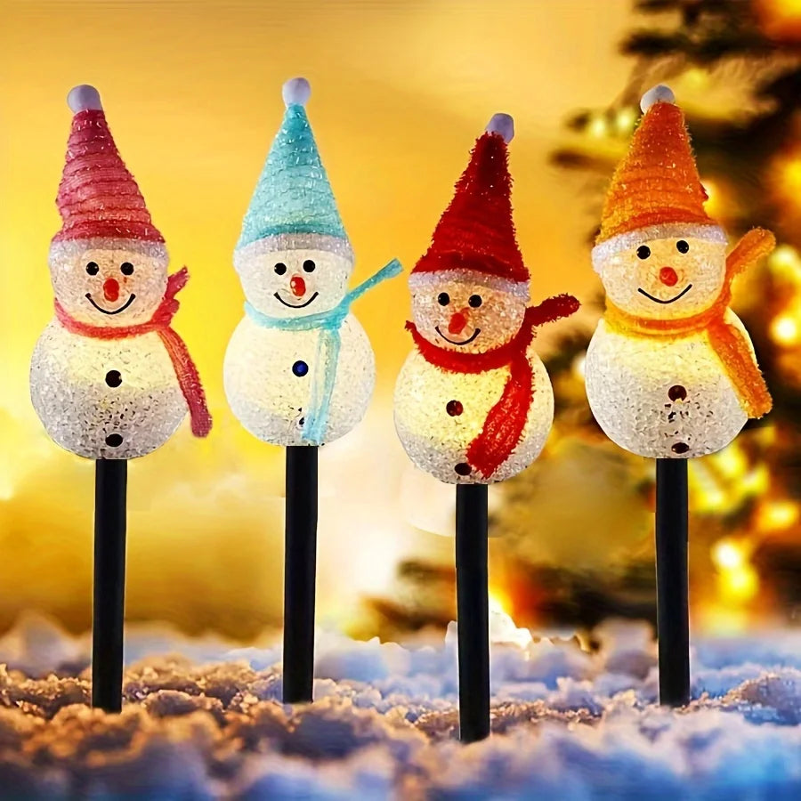 Solar-Powered Snowman Lights 4-Piece Set (1 Solar Panel) - Christmas Outdoor Garden LED Flashing String Lights, Fit for Lawn