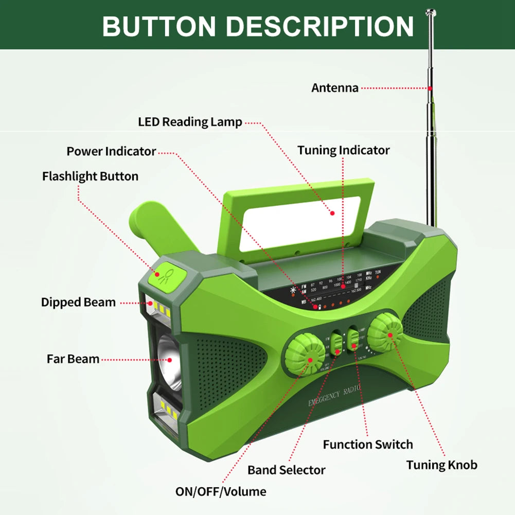 Portable 10000 m Ah charger High Capacity Emergency Radio Solar Hand Crank LED Flashlight/Reading Light/SOS Alarm Survival Tool