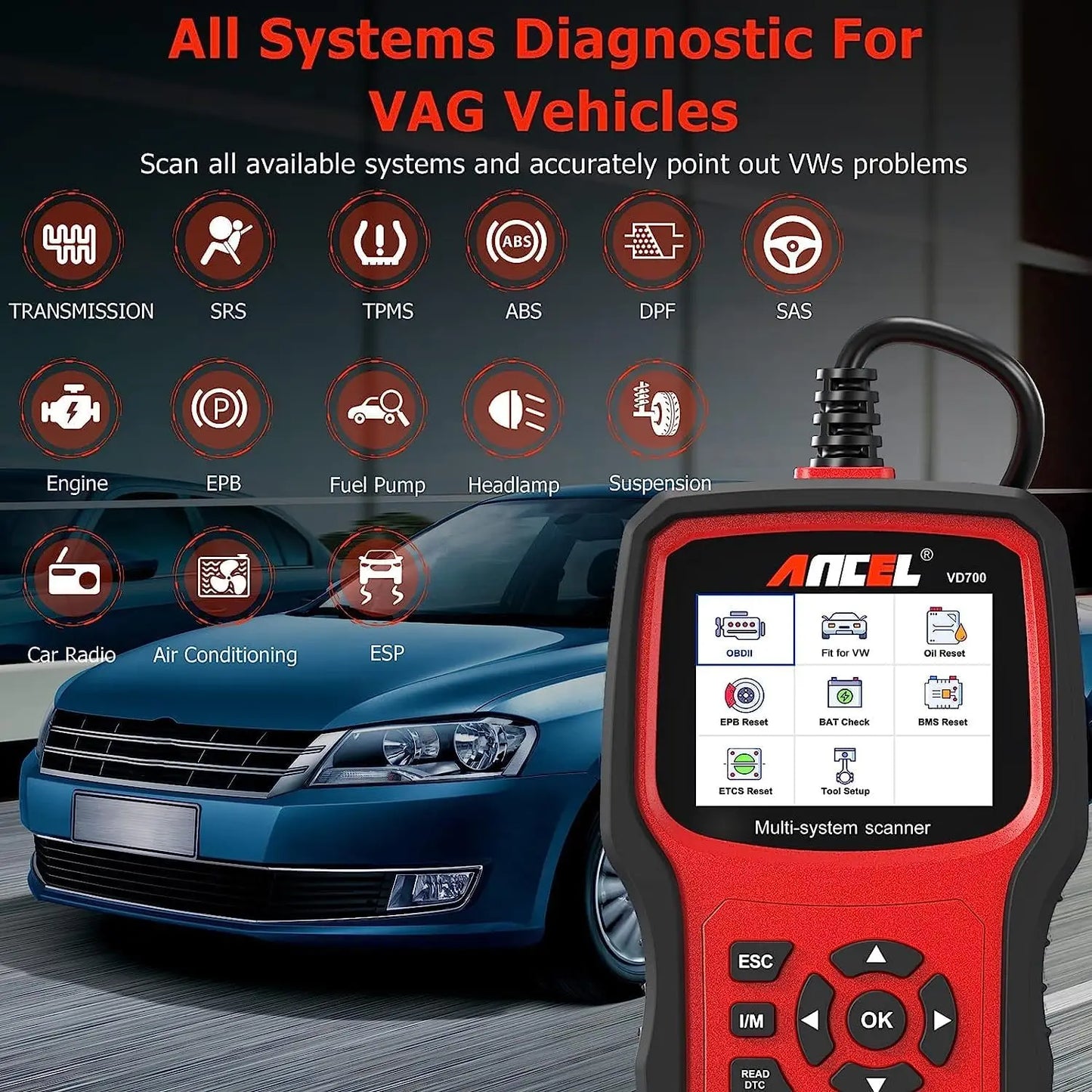 ANCEL VD700 OBD2 Diagnostic Tool Code Reader Scan Tool Fit for Volkswagen Audi VW Skoda Seat All Functions OBD11 Scanner