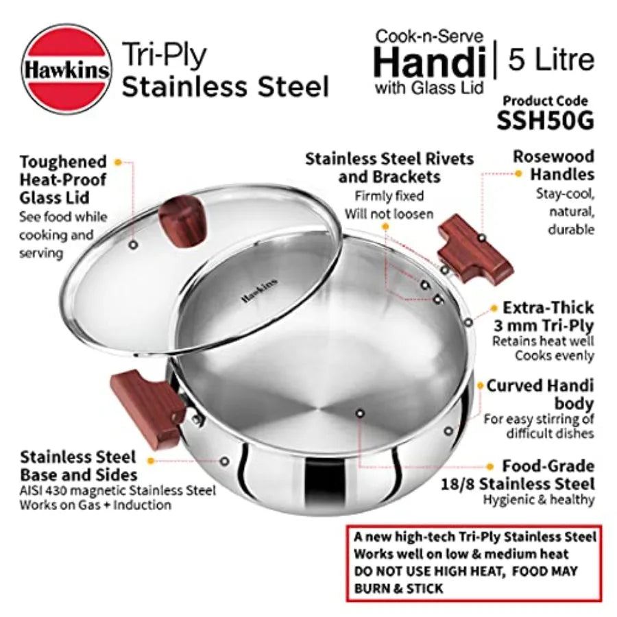 5 Litre Cook n Serve Handi Triply Stainless Steel Handi with Glass Lid Induction Sauce Pan Biryani Handi Saucepan Silver SSH50G