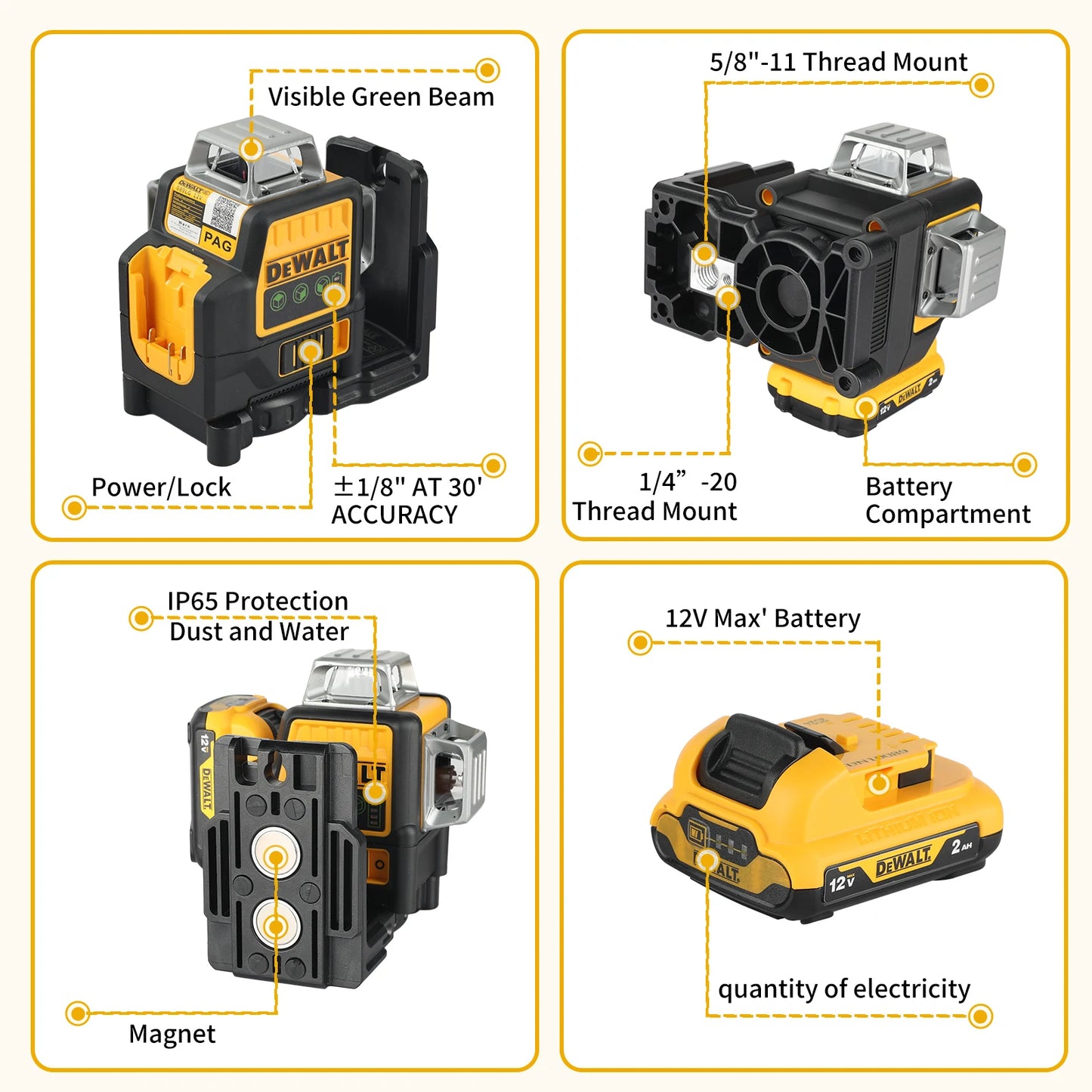 2025 DeWALT DW089LG 12 Wire 3-sided 360 Degree Vertical 12 V Lithium Battery Laser Level