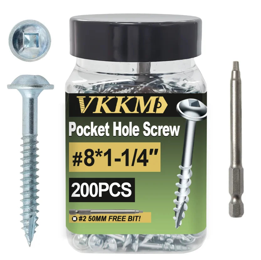 VKKM Galvanized Pocket Hole Screws #7 #8 1-1/4" 1-1/2" 200-300PCS w/ Free Drill Bits for Woodworking Tools