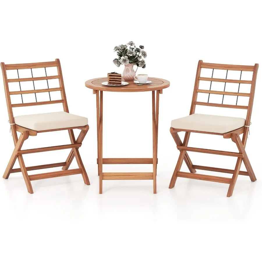 3 Pieces Acacia Wood Patio Bistro Set Folding Outdoor Table and Chairs Set with Cushions Outdoor Patio Furniture Set for Porch