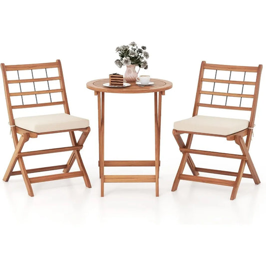 3 Pieces Acacia Wood Patio Bistro Set Folding Outdoor Table and Chairs Set with Cushions Outdoor Patio Furniture Set for Porch