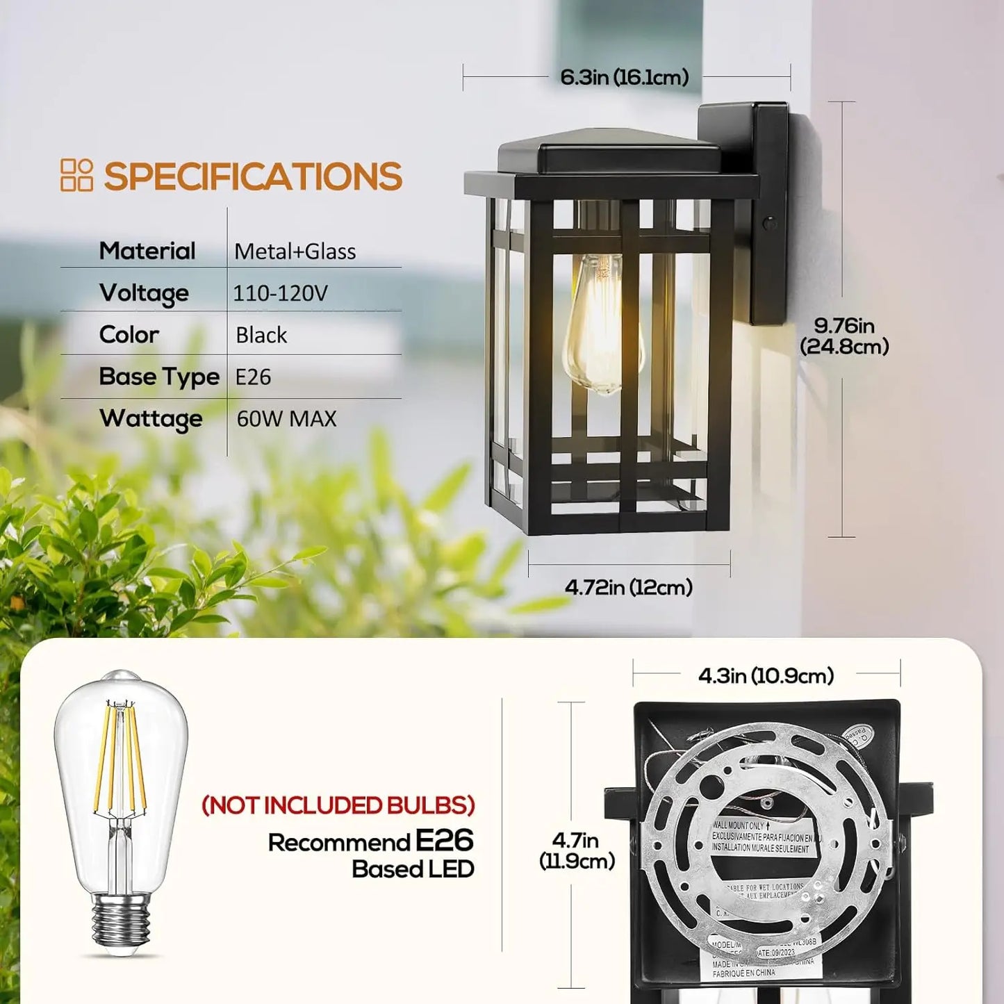 Outdoor Waterproof Wall Light, Modern Matte Black Exterior Wall Mount Lighting, Rustproof E26 Socket Outdoor Garden Light