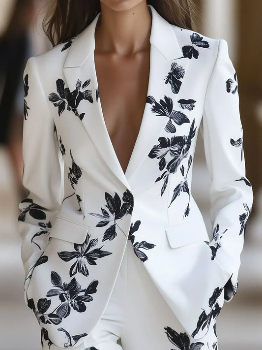 Elegant Floral Print Long Sleeve Blazer for Women - Chic V-Neck Jacket with Pockets, Stylish Outerwear