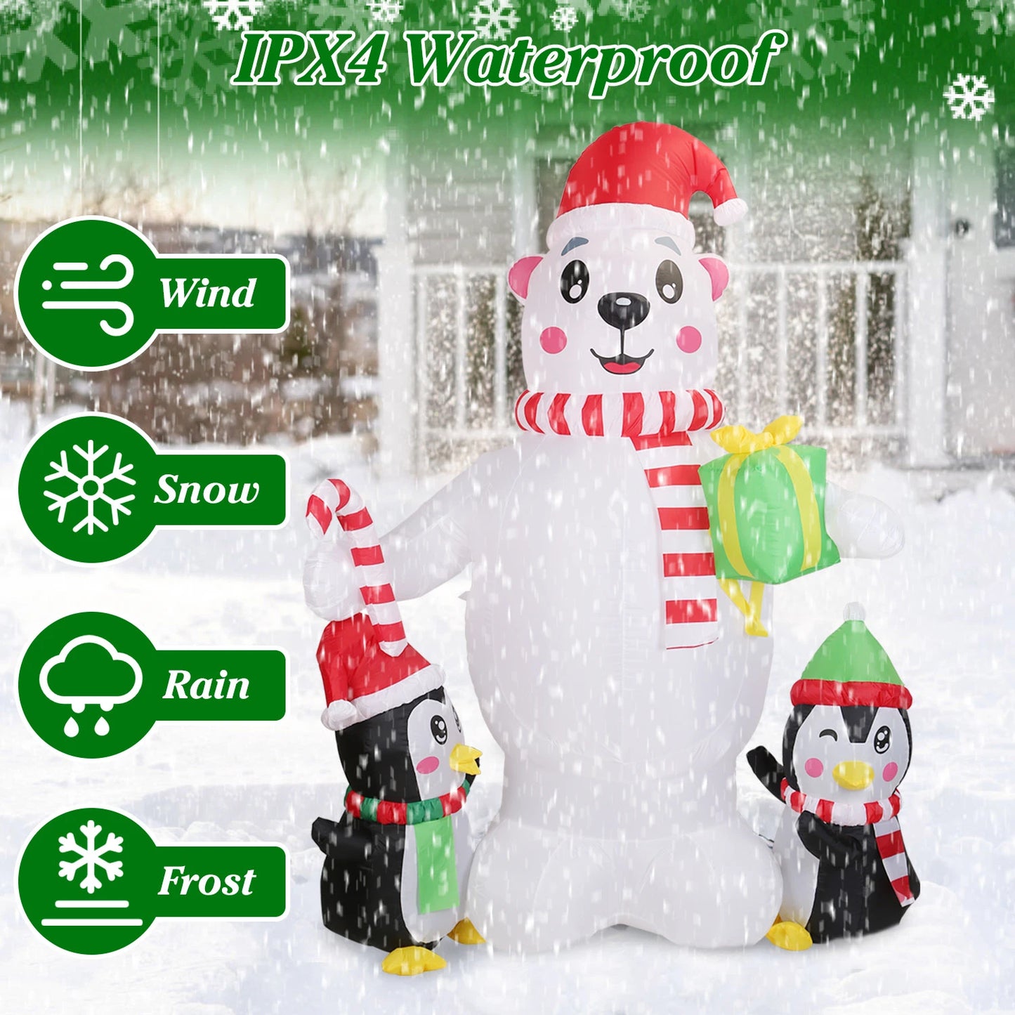 5.9 FT Christmas Inflatable Outdoor Decoration Polar Bear Gift Box Penguin Blow Up Yard Decoration with LED Light Built-in Air