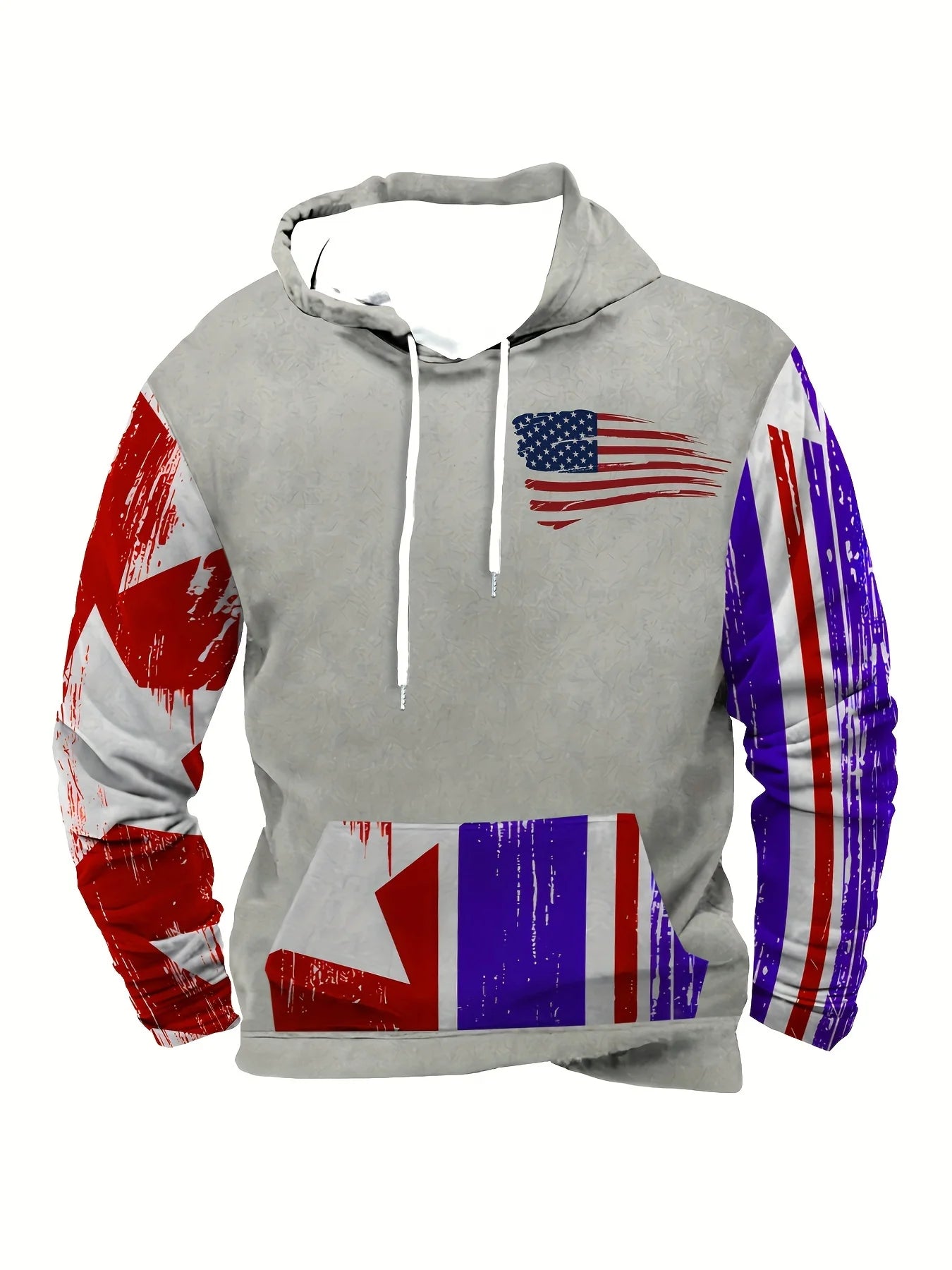 [American Flag Hoodie] Patriotic American Flag Hoodie - Men's Casual Polyester Pullover - Kangaroo Pocket, Long Sleeves, Distres