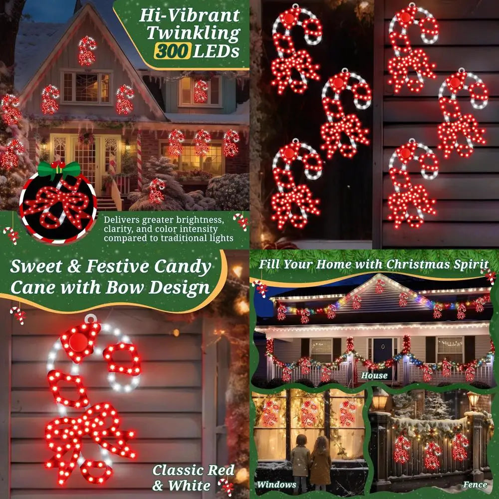 10 Inch 300 LED Waterproof Twinkling Candy Cane Window Decorations with Bows, Red and White for Outdoor Holiday Porches