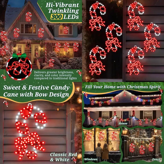 10 Inch 300 LED Waterproof Twinkling Candy Cane Window Decorations with Bows, Red and White for Outdoor Holiday Porches