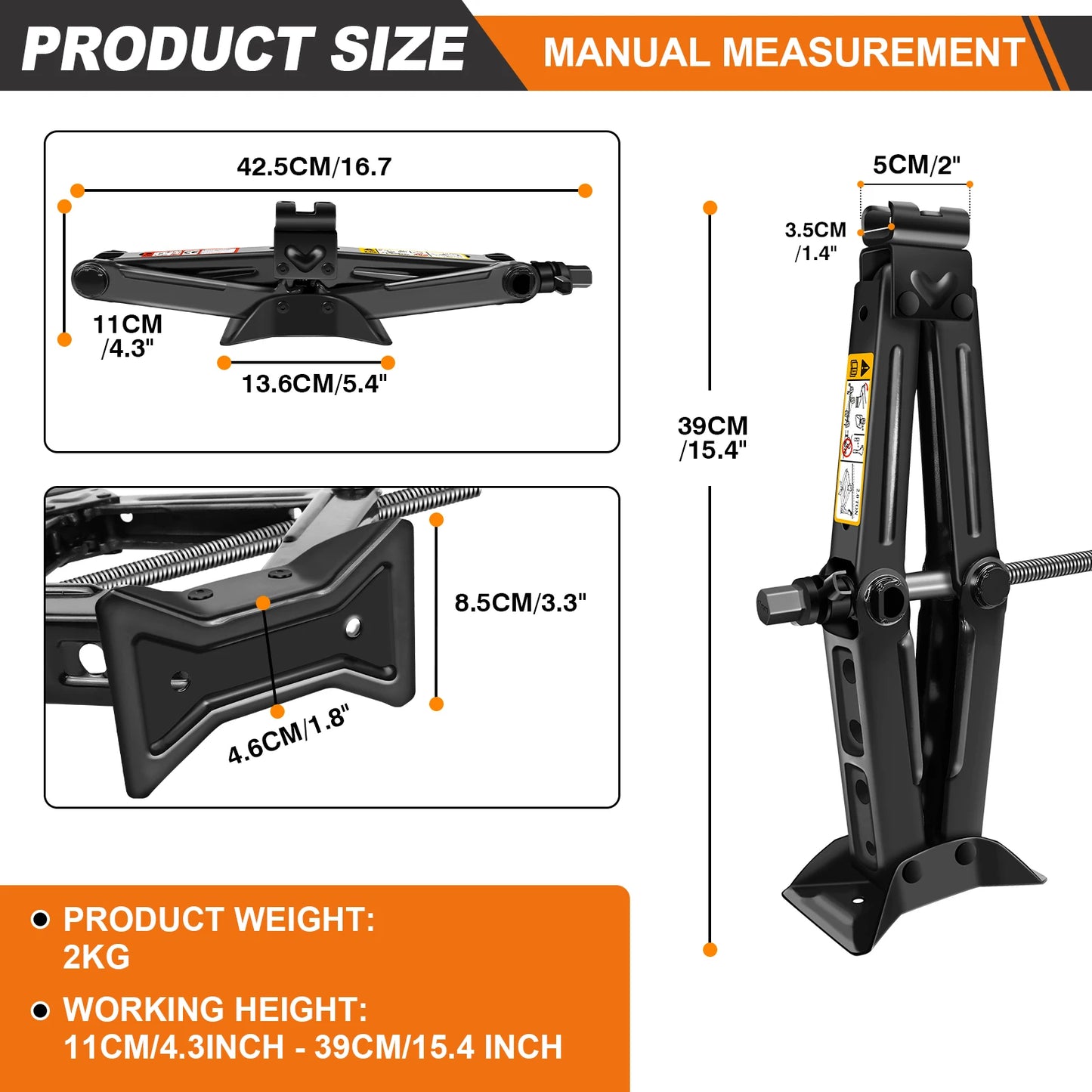 Car Scissor Jack 2T Auto Emergency Crank Lift Stand Labor-Saving Repair & Tire Replacement Tool with Wrench for SUV Vehicles
