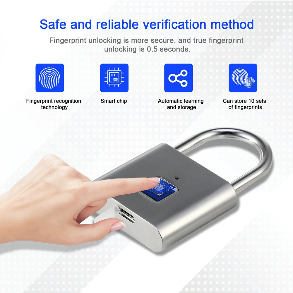 O10 Smart Fingerprint Padlock Waterproof Biometric Fingerprint Keyless Door Lock USB Rechargeable Security Padlock House Unlock