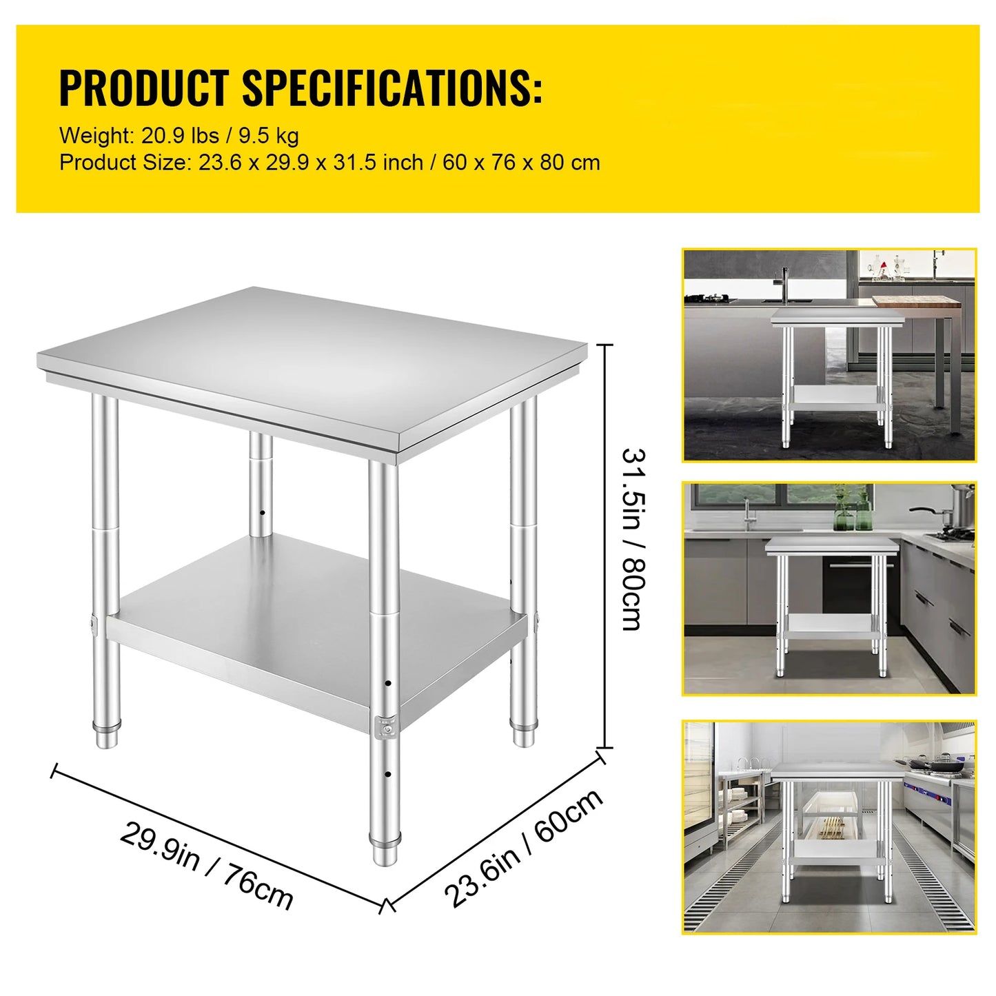 Stainless Steel Kitchen Work Bench Commercial Catering Table Worktable w/ Under-shelf 330 LBS 286 LBS for Restaurant Garage