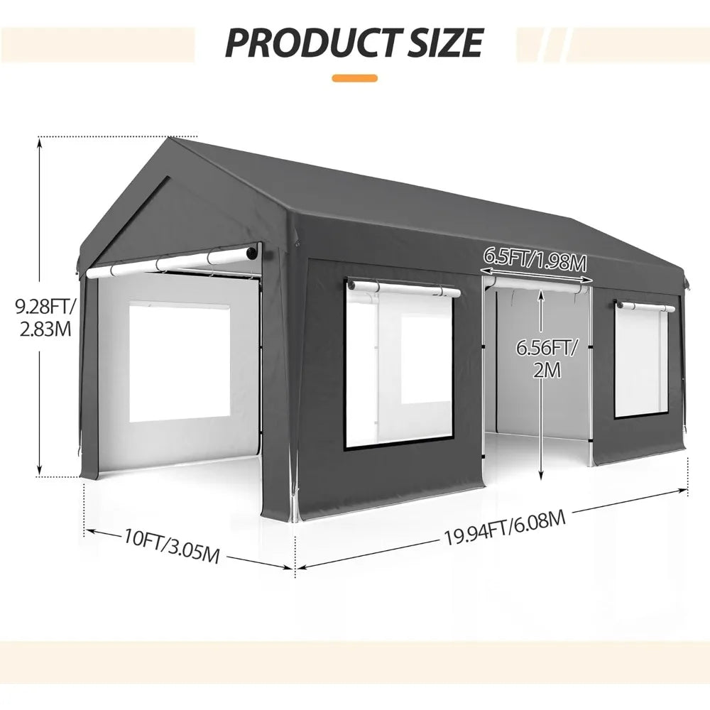 Upgraded 10 x 20 Ft Heavy Duty Carport, Portable Garage Shelter with with Roll-up Sidewall and Ventilated Windows, Sand Bags for hold down weight.