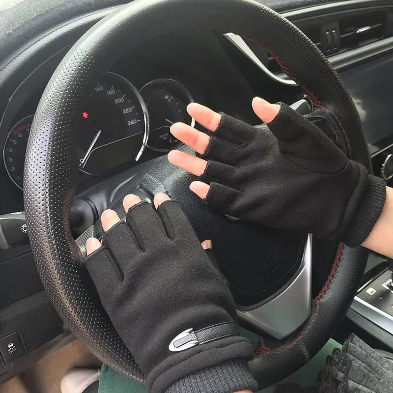 Autumn Winter Fleece Lined Half Fingers Gloves Men Male Outdoor Driving Riding Warm Fingerless Mittens Punk Hip Hop Gloves