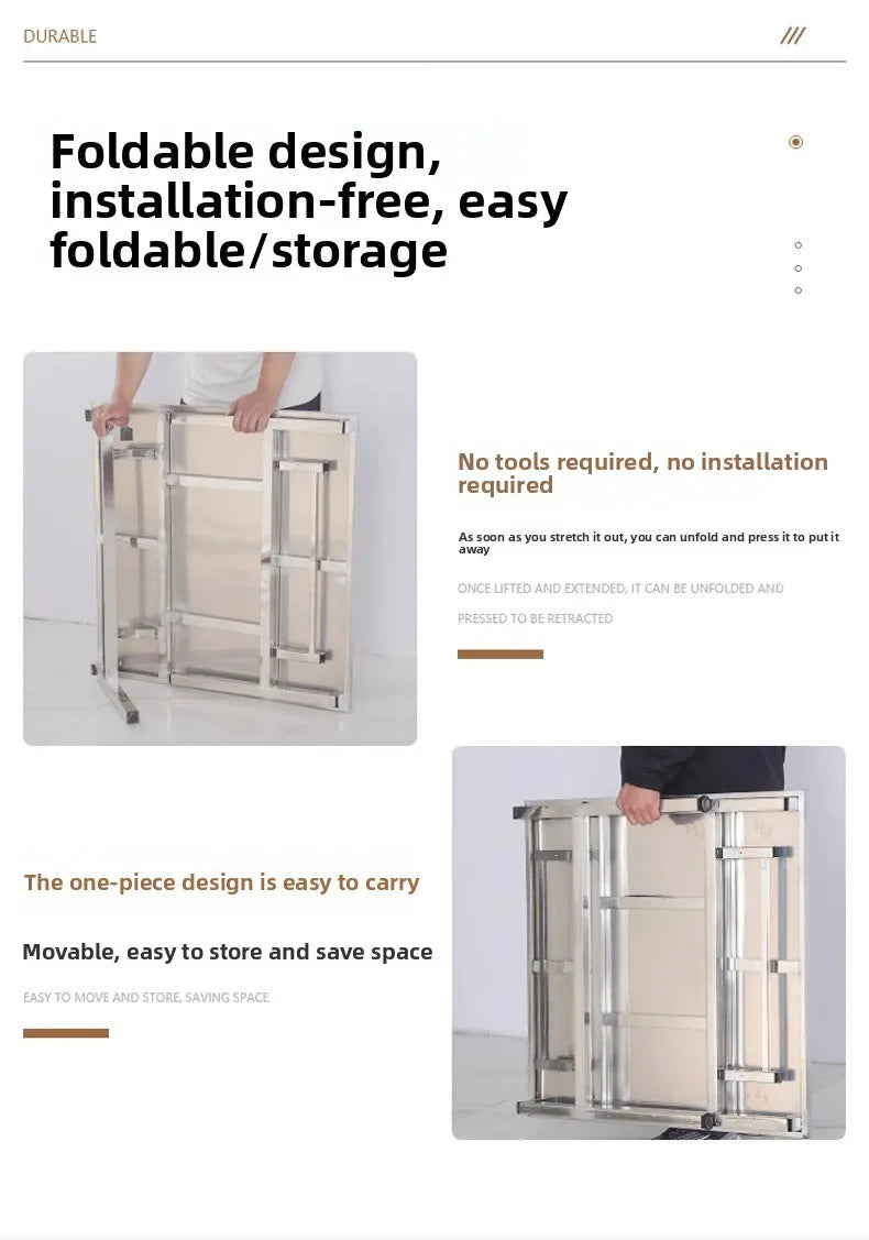 Free Installation Integrated Structure Stainless Steel Folding Table, Commercial Portable Workbench, Thickened Steel Surface, Su