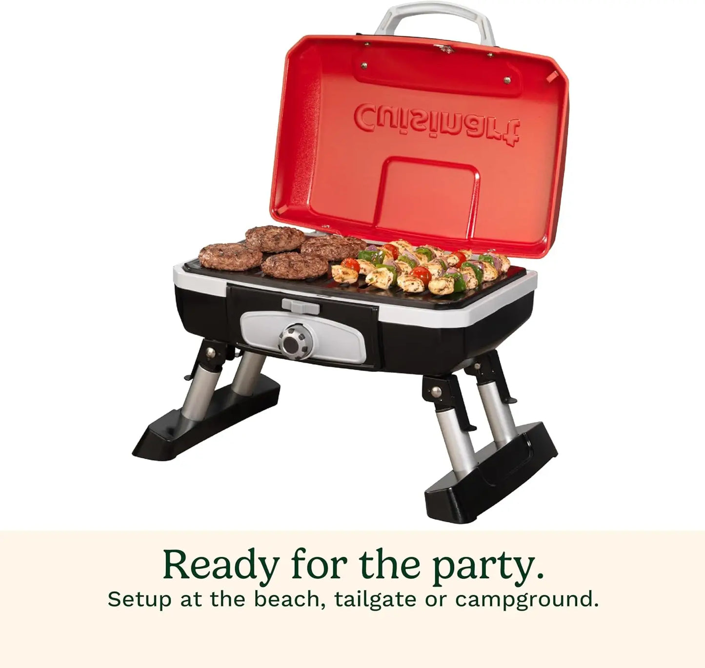 Portable Gas Grill for Camping, Compact Propane BBQ with Folding Legs, 150 Sq. In. Cooking Surface, Red