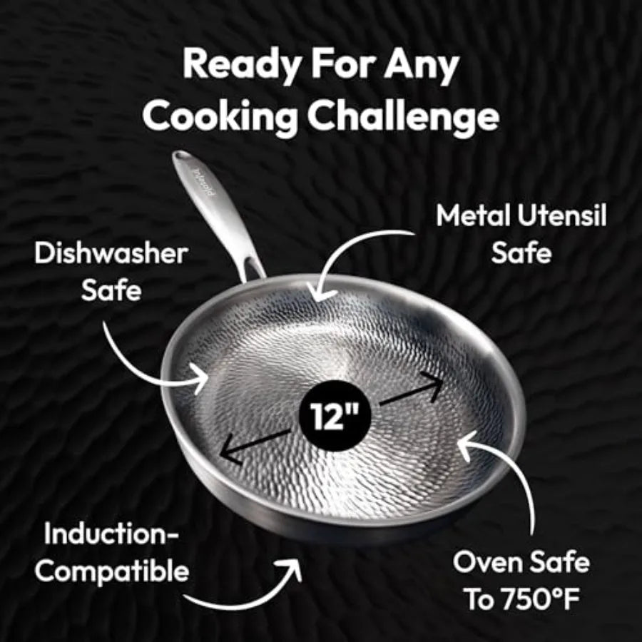 12 Titanium Pan for Cooking - Pure No Coating Non-Stick Titanium Cookware Hammered Frying Pan Safe for Oven and Induction Up to 750 degrees.