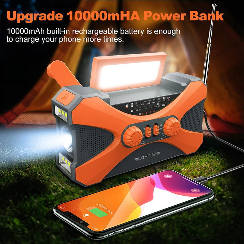 Portable 10000 m Ah charger High Capacity Emergency Radio Solar Hand Crank LED Flashlight/Reading Light/SOS Alarm Survival Tool