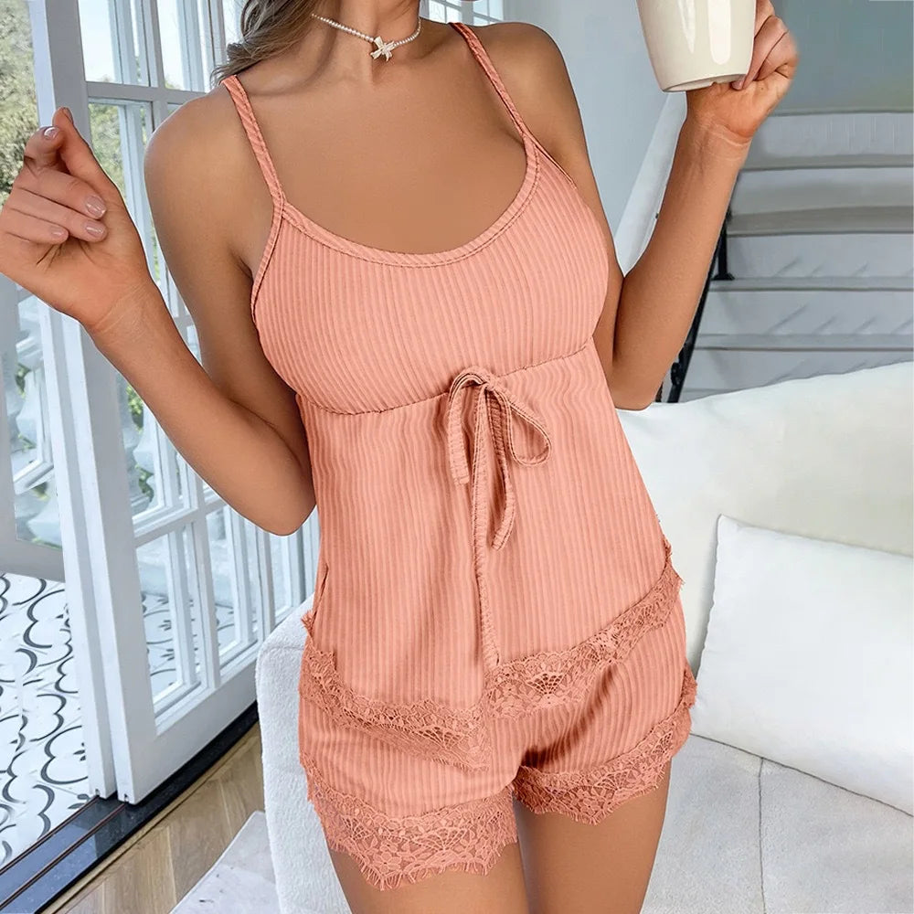 Women's Sexy Pajamas Set 2025 Summer Sleeveless Top Shorts Sleepwear 2 Piece Set For Women Home Casual Lace Suspender Slim Suit