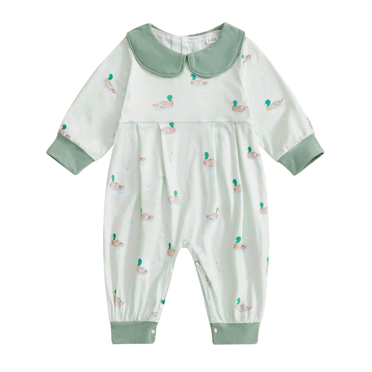 Adorable Infant Girls Autumn Playsuit with Cute Duck Pattern Peter Pan Collar and Cozy Long Sleeves for a Stylish Look