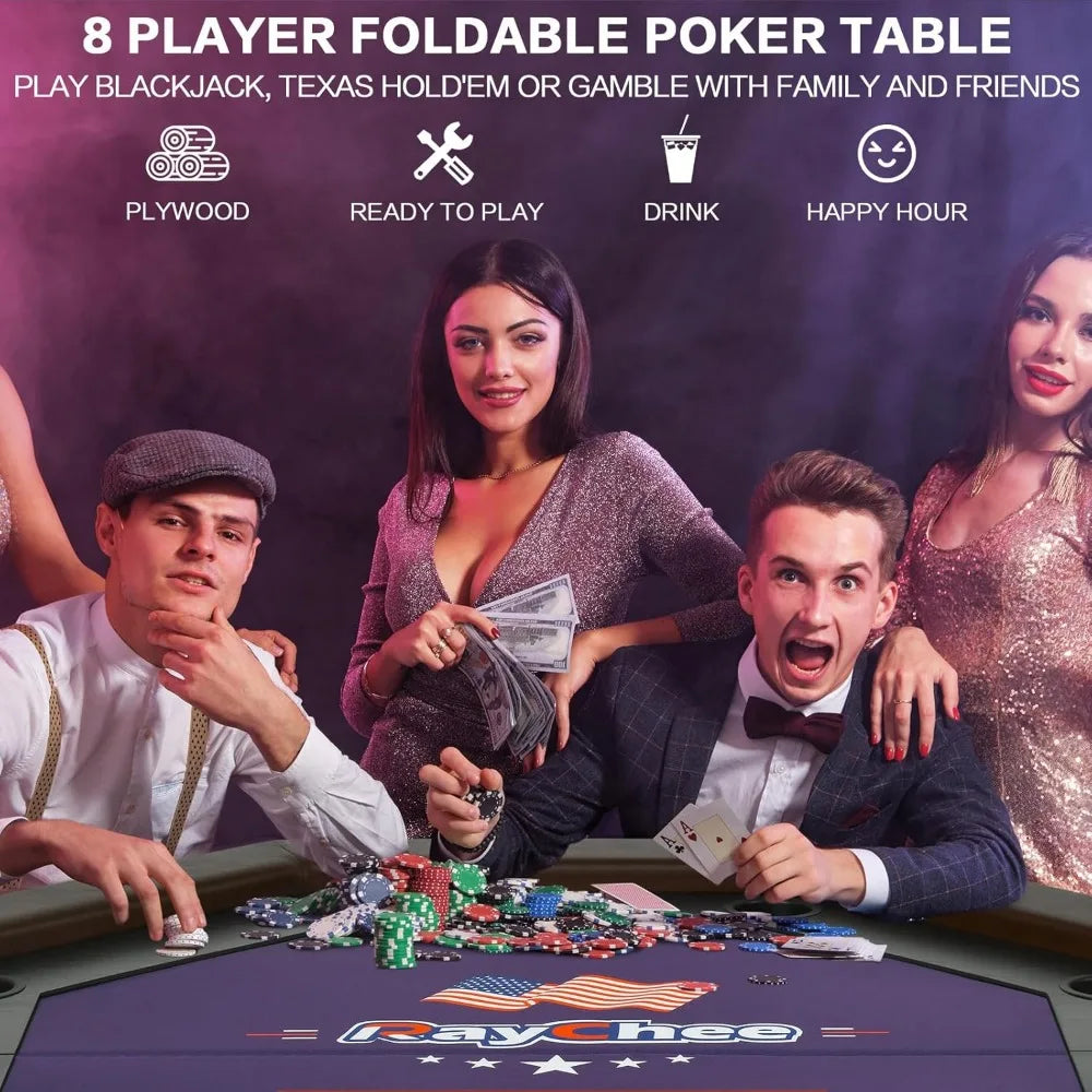 8 Players Poker Table Fold-able, 50 inch Upgraded Folding Octagon Casino Table, Portable Texas Hold-em Table w/Stainless Steel Cup