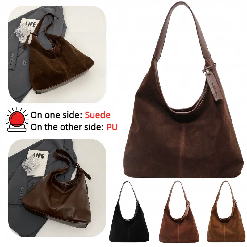 Women Suede Tote Bag Magnetic Closure Shoulder Bag Slouchy Retro Handbag Large Capacity for Work Travel （Velvet+PU）