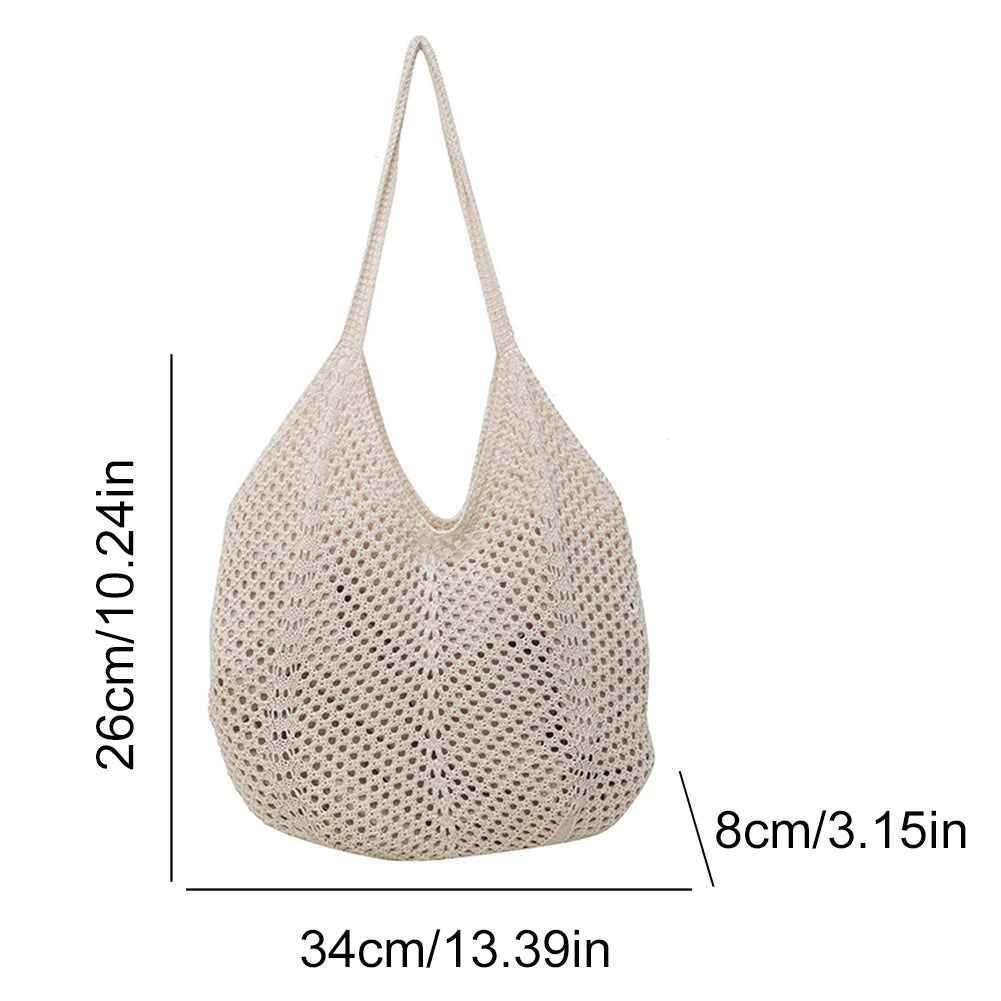 Retro Hand Knitted Shoulder Bag Fashion Women's Hollow Woven Handbag Large Capacity Solid Crochet Tote Bag Summer Mesh Beach Bag