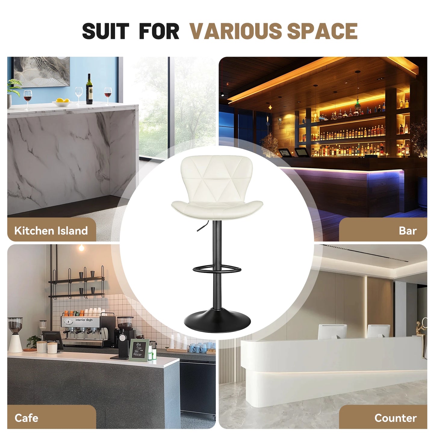 4 Piece Modern Bar Chair Set, Comfortable PU Leather, 360° Swivel Adjustable Height, Upholstered Kitchen Side Chair With Metal Legs