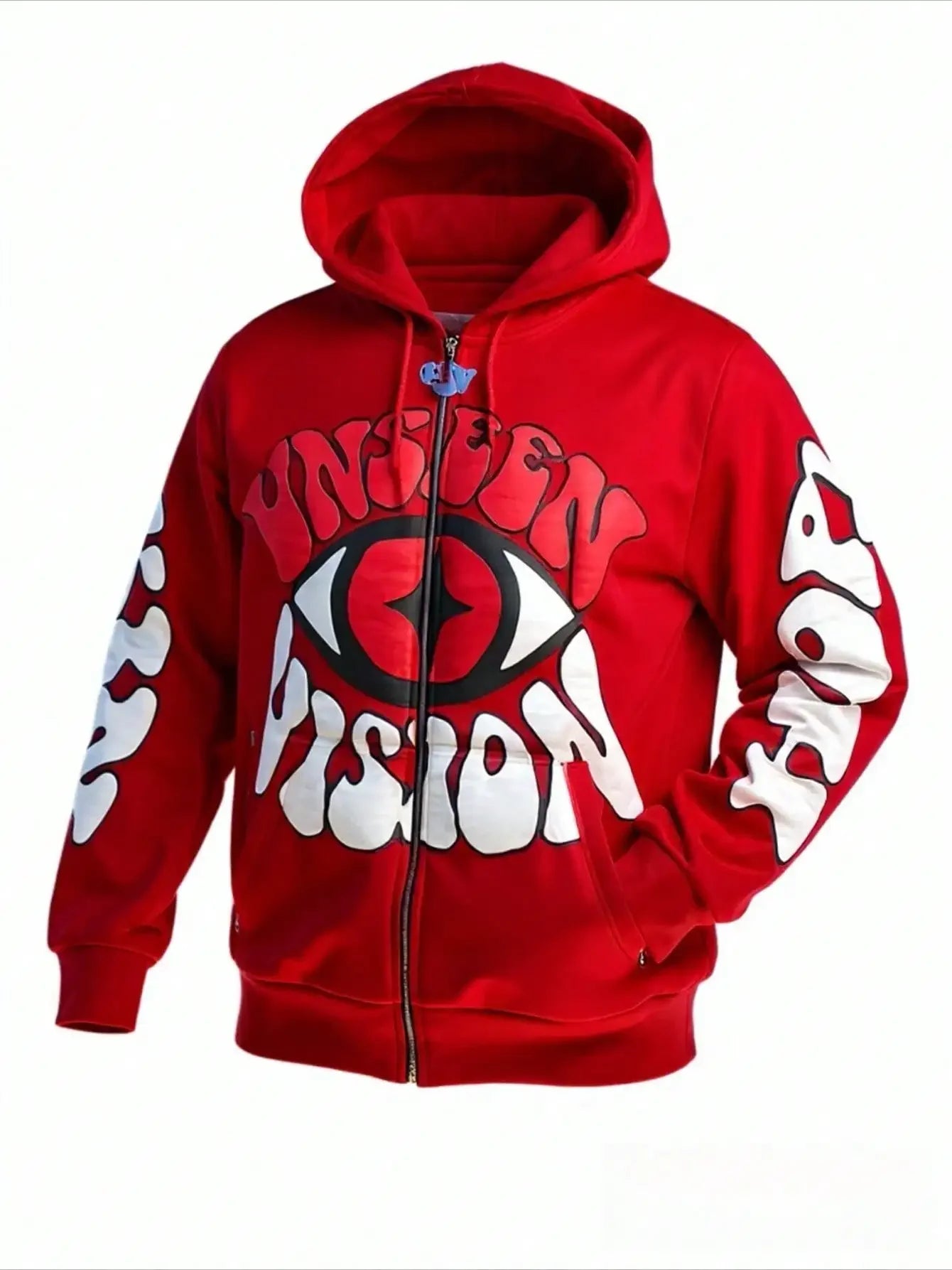 UNSEEN VISION Y2K Red Fall Jacket for Men - Eye Pattern Zip Up Hoodie Autumn/Winter Fashion Halloween Jacket Unisex