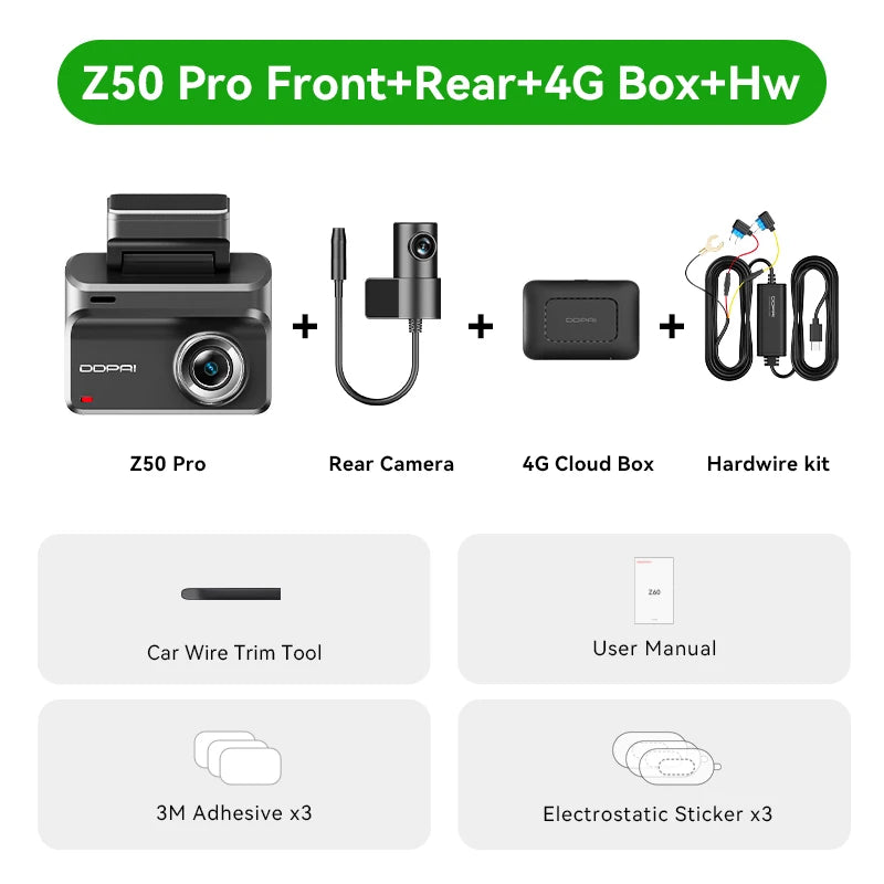DDPAI 4K Dash Cam Z50 Pro 5GHz Wi-Fi GPS ADAS Night Vision 4G Connectivity Car DVR 24H Parking Support Front and Rear Cam
