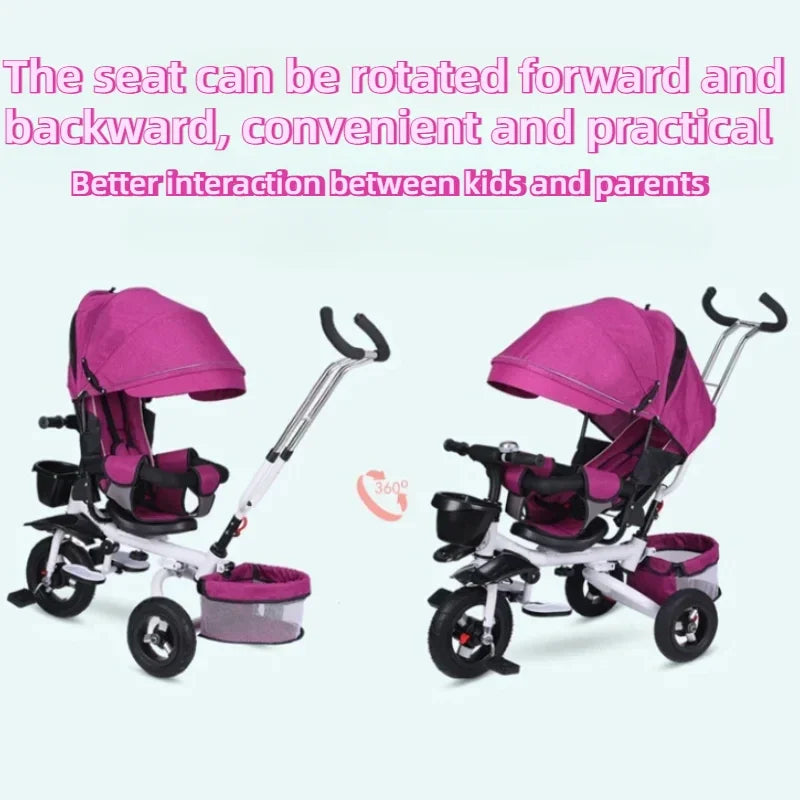 4 in 1 Folding Kids Trike Sit & Lying Portable Baby Stroller with Large Canopy Tricycle Dual Brake 3-Gear Adjustable Backrest